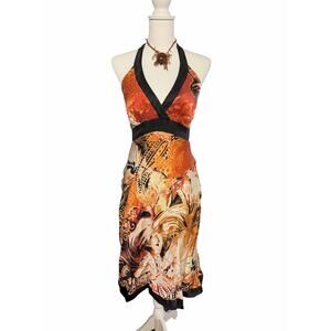 Vintage Y2K Cache Orange and Black 100% Silk Paisley Floral Halter Dress Size 2